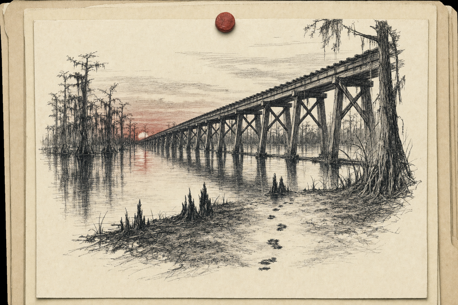 湖と木造の鉄道橋を描いたイメージ挿絵